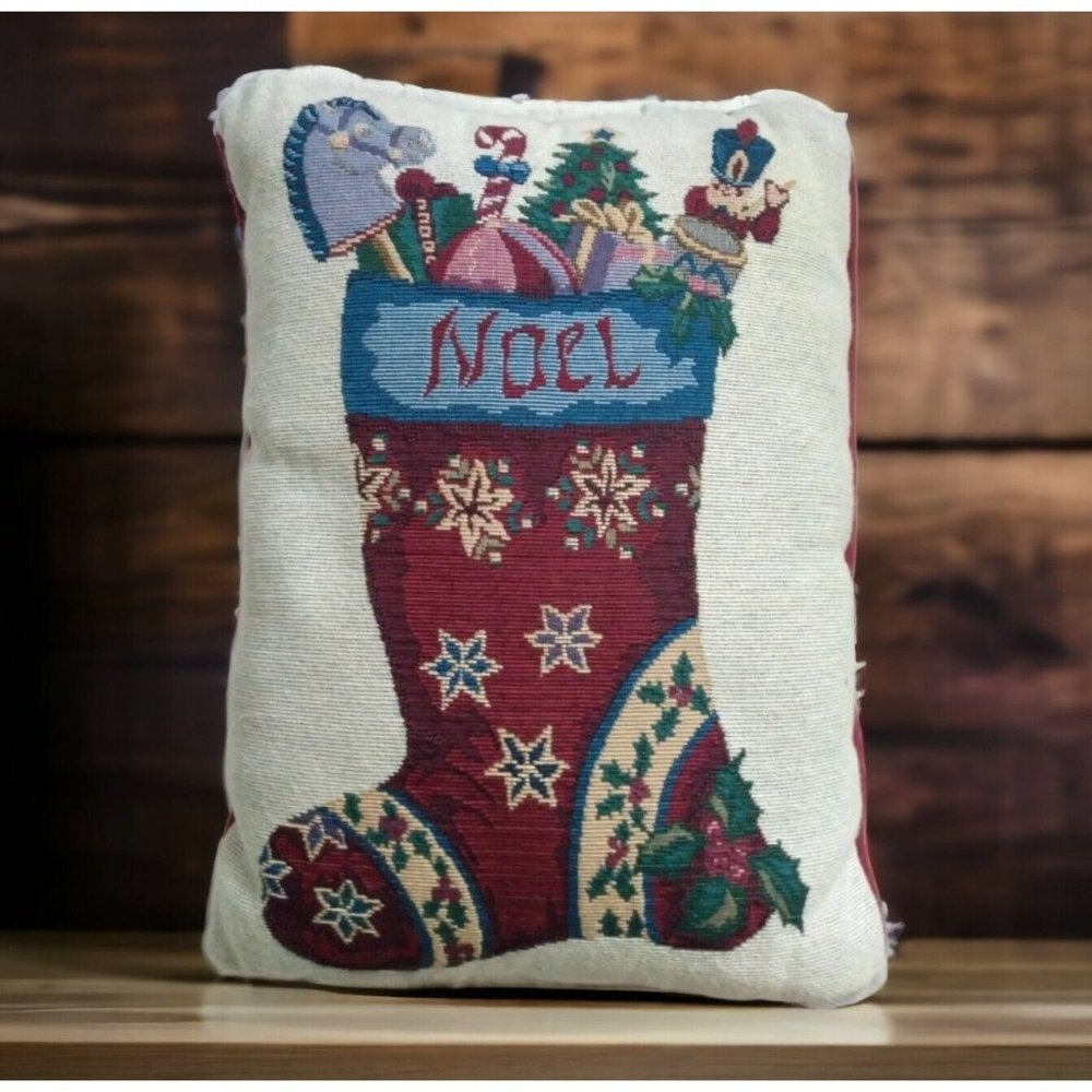 Christmas Tapestry Noel Throw Pillow Vintage Stocking Toys Holiday Snowflakes